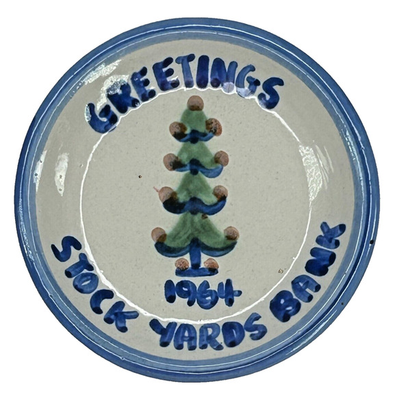 M A Hadley Pottery‎ Greetings 1964 STOCK YARDS BANK 4" Coaster Christmas Tree - Picture 1 of 4